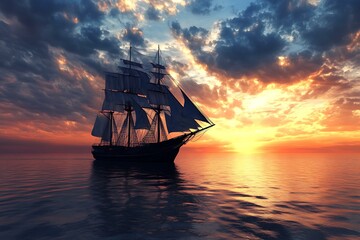 Obraz premium Silhouette Of Sailing Ship On The Ocean During A Beautiful Sunset