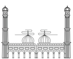 Vector illustration of a design pair of mosque dome shapes and mosque towers. line drawing style. Black and white.