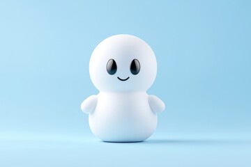 Cute, simple snowman figurine against a pastel blue backdrop.  A cheerful, stylized figure with large eyes and a small smile
