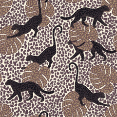 Animal print Seamless Surface Pattern with Panther and Tropical Leaves on textured background