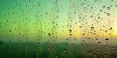 Landscape abstraction through green wet glass surface gradient wide background with waterdrops