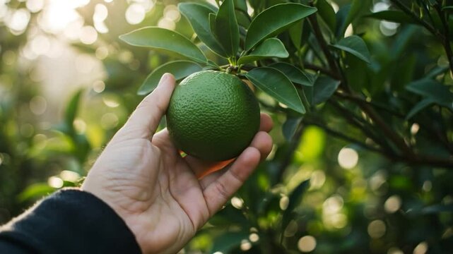 Hand Holding a Green Citrus Fruit on a Tree