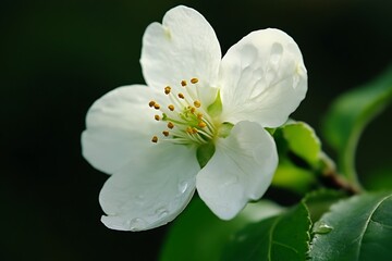 Obraz premium Single White Flower Blossom with Water Droplets on Green Leafy Background