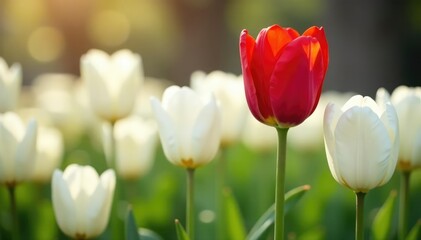 Single red tulip among white tulips, vibrant contrast , bright, vivid, garden