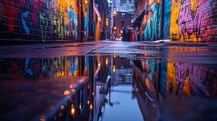 Fototapeta premium Urban alleyway art reflecting in rain puddles creating distorted beauty