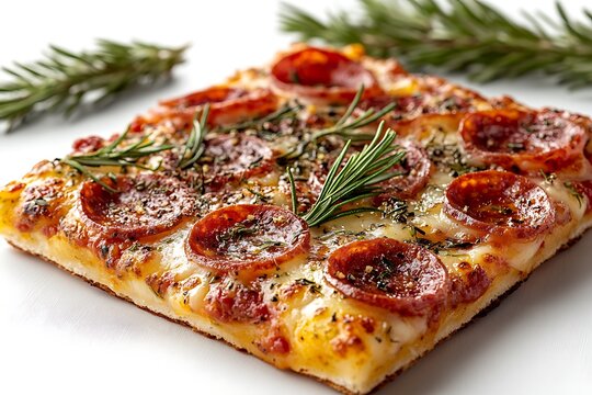 Delicious square pizza slice with pepperoni and fresh rosemary garnish closeup