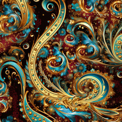 Paisley pattern with floral elements on red background, highly detailed