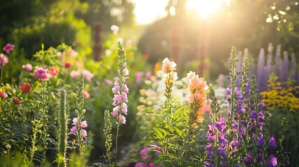 Obraz premium Vibrant Garden Blooms with Sunlight Creating a Serene and Colorful Atmosphere in Nature