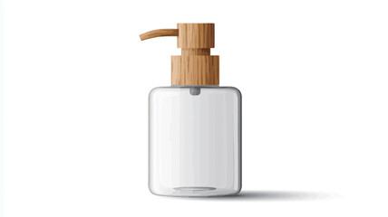 Obraz premium Close-up of a rectangular clear glass soap dispenser. The soap dispenser features a light-colored cylindrical bamboo pump head with a subtle curve. The bottle is clear.