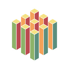 Abstract isometric cityscape graphic.  Colorful blocks symbolize growth, development, or urban planning. Ideal for presentations, websites, and reports needing a modern, minimalist design.