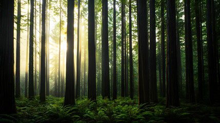Obraz premium Golden Sunlight Filters Through Redwood Forest