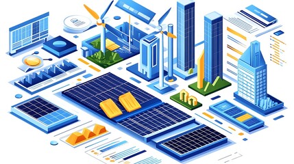 Obraz premium Modern renewable energy cityscape with solar panels, wind turbines, and skyscrapers showcasing sustainability