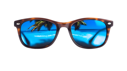 Stylish Sunglasses with Beach Reflection Isolated on White Background