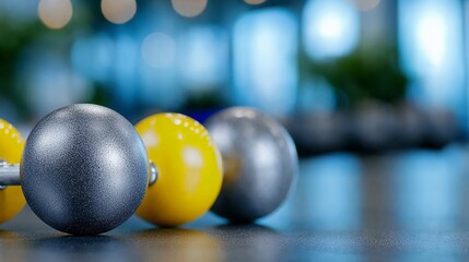 Gray Yellow Silver Fitness Balls on Reflective Gym Floor