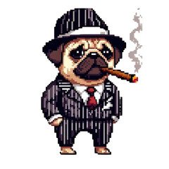 A pixel art pug dog, dressed as a mobster, with a fedora and a cigar, smoking in a stylish suit.