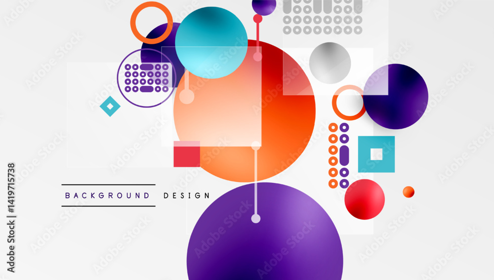Poster abstract geometric shapes overlap, creating vibrant modern design. circles, squares, lines form colo