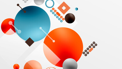 Abstract geometric shapes, circles, squares, lines. Minimalist design with vibrant colors, modern aesthetic. Clean composition.
