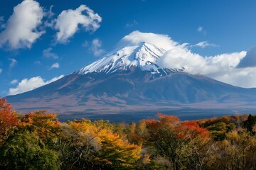 Fototapeta premium Snow Capped Mountain Under Blue Sky with Colorful Autumn Foliage