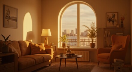 Warm Evening Sunlight in a Cozy Apartment Living Room