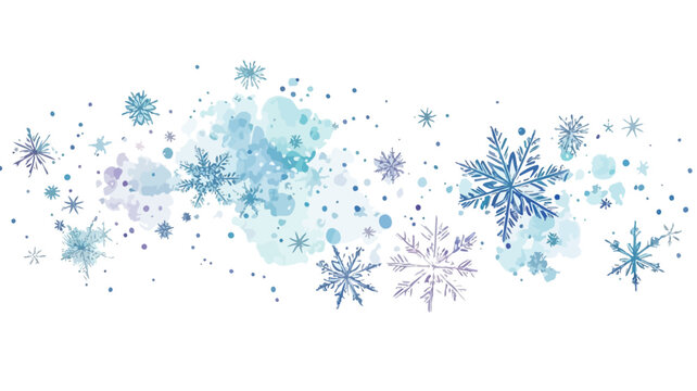This digital image shows a collection of whimsical watercolor snowflakes in varying shades of blue and white. The snowflakes vary in size and transparency, creating a sense of depth and