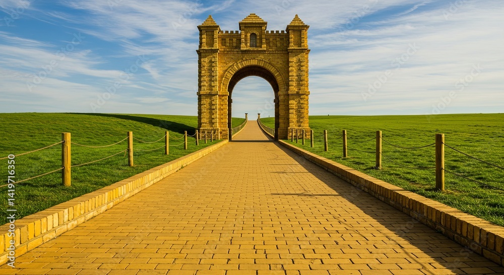 Poster a brick walkway with a large archway leading to a field