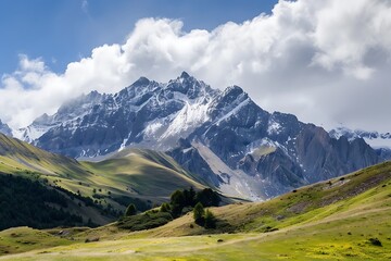 Fototapeta premium Snow Capped Rocky Mountain Range Under Partly Cloudy Sky on a Sunny Day