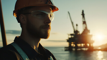 A male offshore worker inspecting the drilling equipment. Featuring mechanical skill and focus