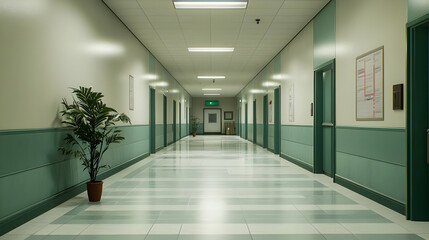 Empty Hospital Corridor With Green Walls And Light Fixtures
