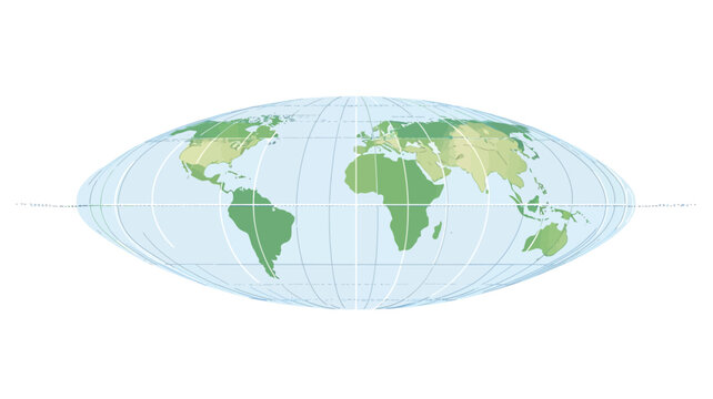 This is a stylized world map illustration rendered in a flat oval projection. The continents are represented in different shades of soft green.