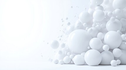 White Spheres Abstract Minimalist Style High-resolution Soft Lighting Landscape Wide Shot Smooth Textures Floating Accumulation Clean White Background Perfect for Tech Ads