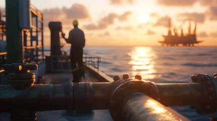 A male offshore worker inspecting valves and pipes on the platform. Featuring technical knowledge and focus
