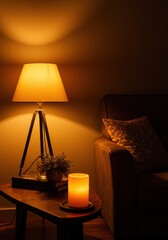Warm Yellow Lamplight Illuminates Cozy Living Room Interior