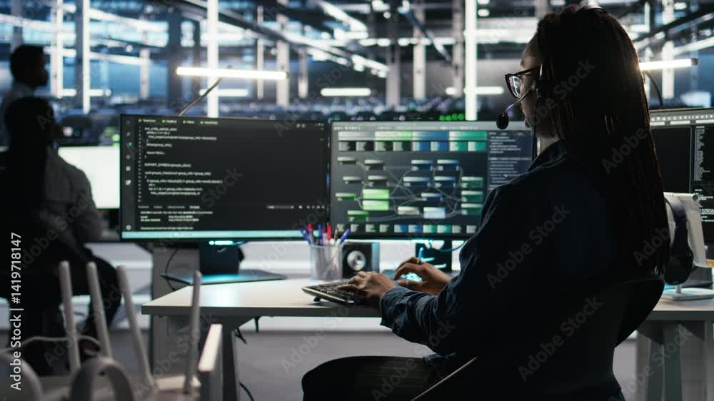 Poster data center employee uses audio headset and visual programming dashboard to troubleshoot client repo