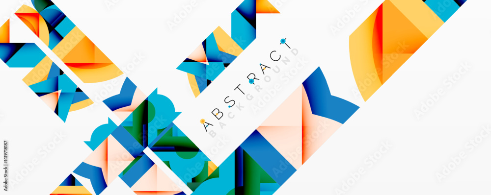 Poster geometric shapes overlap, creating vibrant abstract background. orange, blue, peach tones dominate c