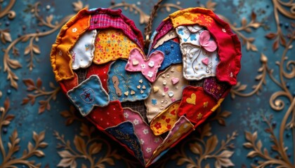A three dimensional heart crafted from textured, multicolored fabric patches.