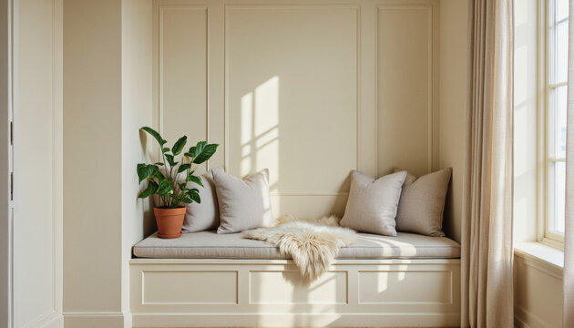 Modern interior design architecture photography: Sunlight streams into a cozy window nook featuring a built-in bench cushioned with pillows and a fur throw, accented by a potted plant and sheer curt