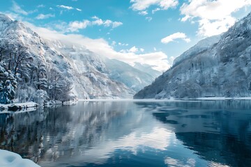 Snow Covered Mountains Reflecting On Calm Lake Water Under Bright Sky