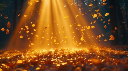 Golden autumn sunlight filtering through forest canopy