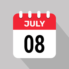 calendar 8 july icon vector date month illustration background.