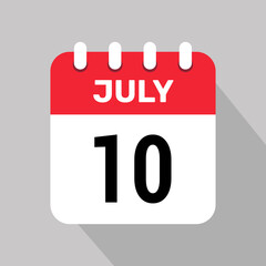 calendar 10 july icon vector date month illustration background.