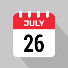 calendar 26 july icon vector date month illustration background.