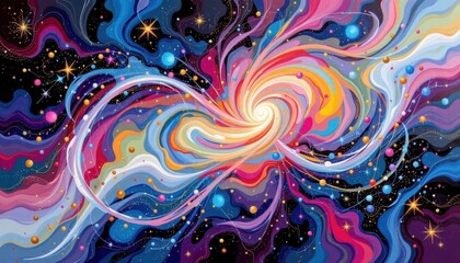 Obraz premium An abstract galaxy themed painting with swirling colors and shimmering metallic dots.