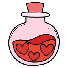 Hand drawn cartoon bottle of love potion on white background.