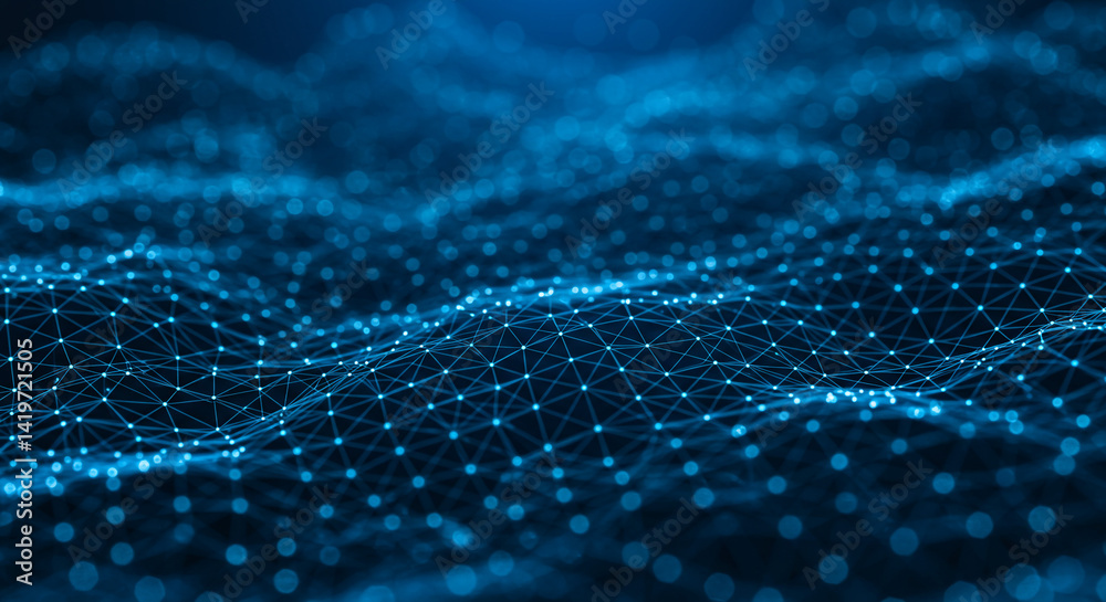 Wall mural abstract blue network with connected dots and lines creating a futuristic landscape design