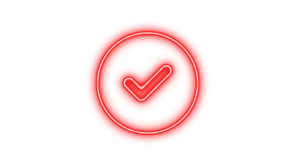 Neon circle check icon red color glow with transparent background