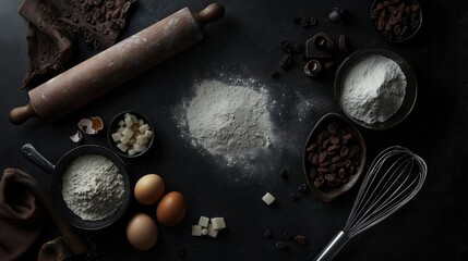 Baking Ingredients Flour, Eggs, Raisins, Rolling Pin
