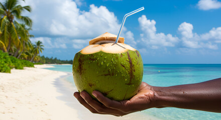 "African Hand Holding Green Coconut with Stunning Tropical Beach Background &mdash; Summer Paradise Vibes"