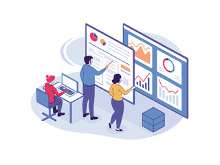 Team analyzing data on interactive dashboards. Business people working with charts, graphs, and analytics for strategic planning. Modern workplace and data visualization concept.