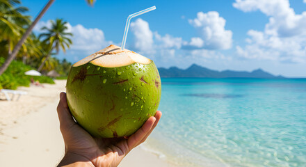 "African Hand Holding Green Coconut with Stunning Tropical Beach Background &mdash; Summer Paradise Vibes"