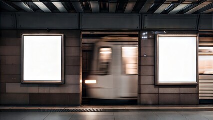 Subway station with empty billboard frames mockup as train arrives with motion blur, urban advertising opportunity